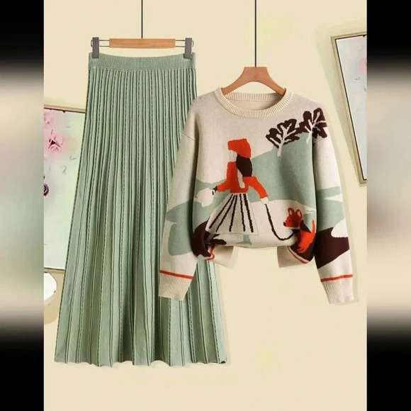2pcs/Set Women Elegant Loose Contrast Color Knit Sweater Top And Skirt Suit,ю - Picture 1 of 6